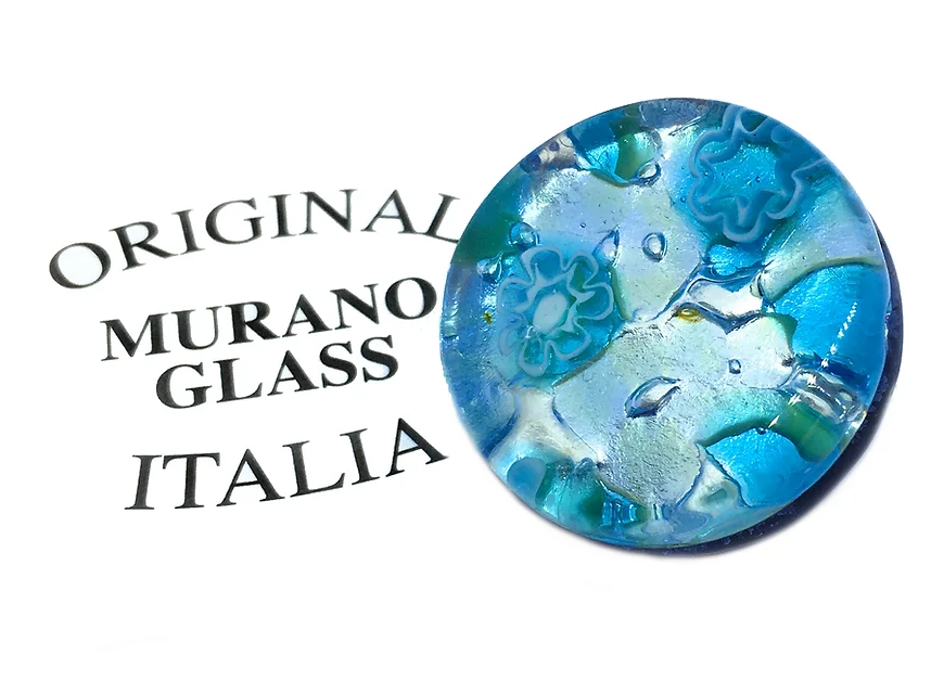 A Murano Glass Brooch from Murano Passion, featuring a silver leaf base and measuring 2.4 cm in diameter, embodies Venetian artistic heritage with its floral patterns and evokes a timeless connection to traditional craftsmanship alongside the text "Original Murano Glass Italia.