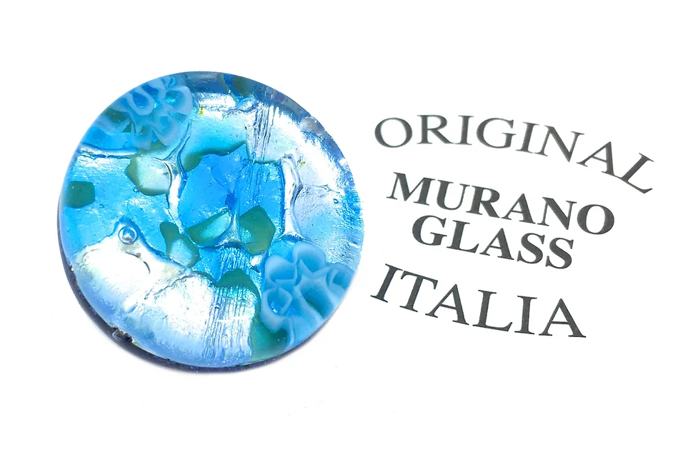 A round Murano Glass Brooch with a Silver Leaf Base, measuring 2.4 cm, showcases vibrant blue and green floral patterns with elegance. The inscription reads "Murano Passion," honoring Venetian artistic heritage. This Millefiori piece is a perfect embodiment of timeless beauty and craftsmanship.