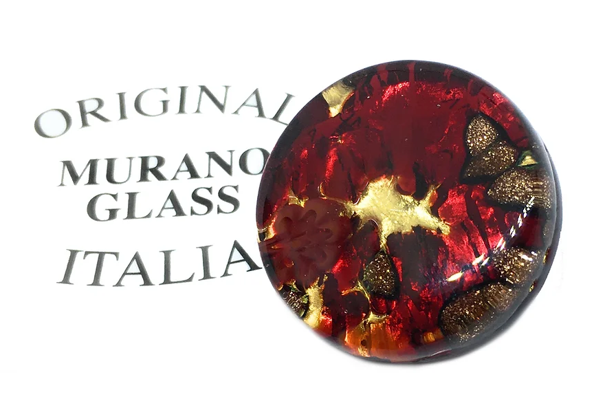 The Murano Passion brooch, a handmade piece measuring 2.4cm, radiates with swirling red, gold, and black patterns on a gold leaf base that embodies Venetian artistic heritage. The background proudly displays the inscription "Original Murano Glass Italia.