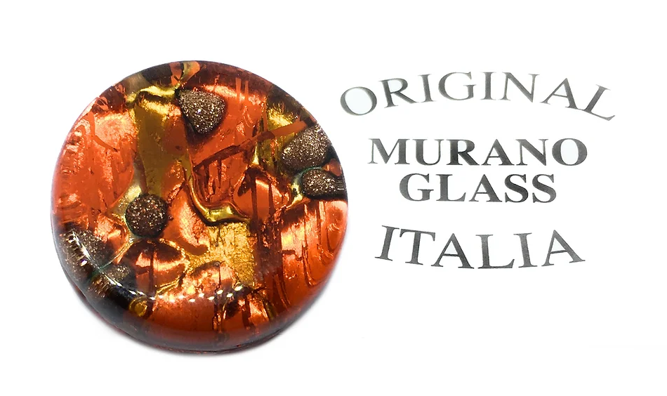 Behold the exquisite Murano Glass Brooch with a Gold Leaf Base from Murano Passion, featuring a captivating blend of swirling amber, gold, and brown hues with sparkling accents. The inscription "Original Murano Glass Italia" underscores its authentic Venetian heritage.