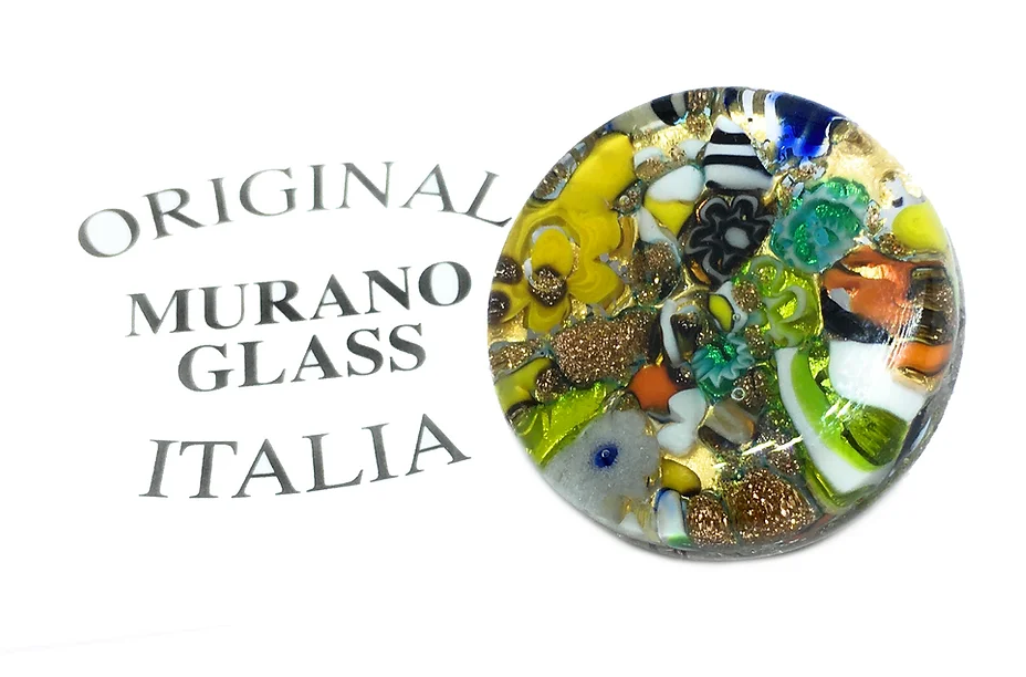 A round Murano Passion brooch, crafted with a gold leaf base and measuring 2.4cm in diameter, features vibrant abstract floral and geometric patterns in bright shades of yellow, green, orange, and blue. This exquisite piece reflects the Venetian artistic heritage with its intricate design and is accompanied by the inscription "Original Murano Glass Italia.