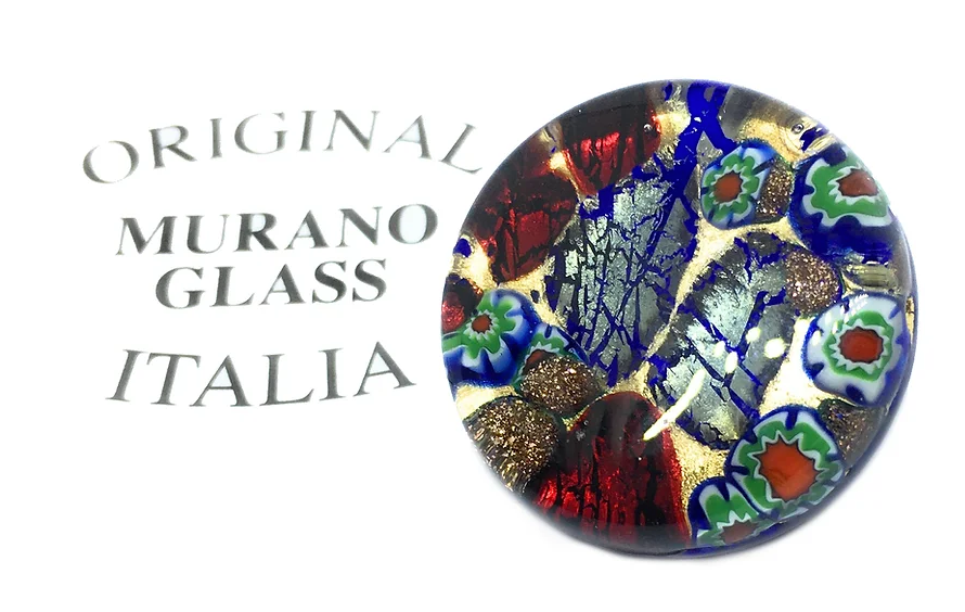 A Murano Glass Brooch with a Gold Leaf Base by Murano Passion showcases intricate patterns and floral motifs in blue, red, and green hues, reflecting the rich Venetian artistic heritage. Beside it, the text "Original Murano Glass Italia," styled in a curved design reminiscent of classic Millefiori pieces, enhances its allure.