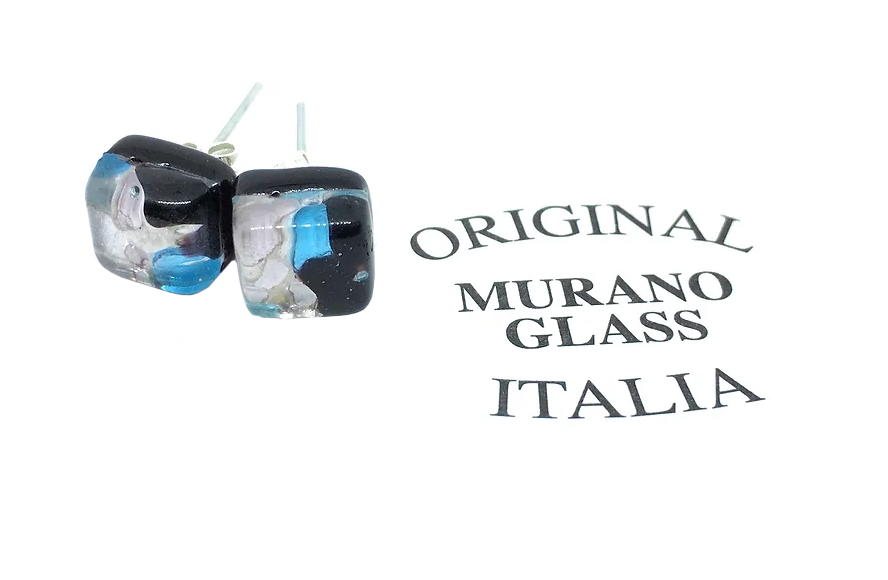 The Murano Glass Earrings - Dainty 8mm from Murano Passion feature a striking square design with a black, blue, and white pattern. Alongside their Certificate of Authenticity, the inscription "Original Murano Glass Italia" confirms these exquisite pieces as genuine treasures of Italian craftsmanship.