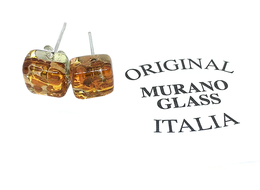 Close-up of Murano Passion's Murano Glass Stud Earrings - Dainty 8mm, crafted in a square shape from amber-colored Murano glass, with the text "Original Murano Glass Italia" prominently displayed to the right, ensuring each piece comes with a Certificate of Authenticity.