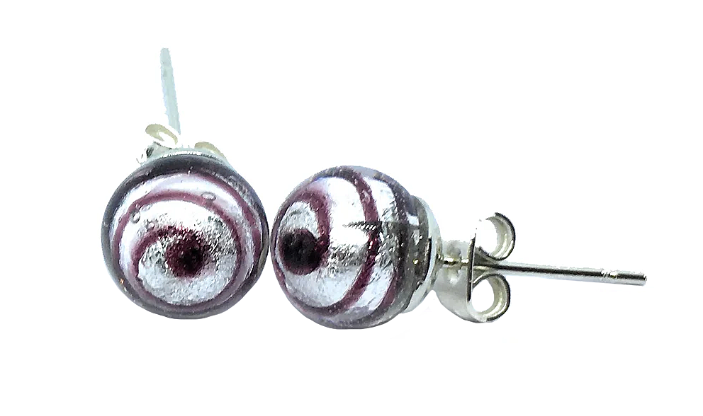 The Murano Passion Murano Glass Earrings - Dainty 8mm present an elegant appearance with their purple and silver swirl design. These spherical studs, complete with metallic posts and backings, boast a glossy finish and are attractively showcased on a white background.