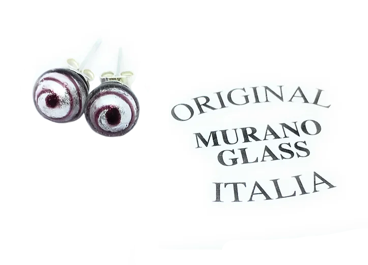 A pair of Murano Passion's Dainty 8mm Glass Earrings showcases a swirl pattern in shades of purple and white. The text on the right reads "Original Murano Glass Italia" in uppercase letters, ensuring its authenticity.