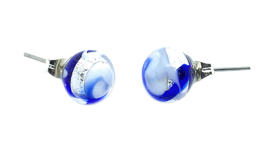 Murano Passion's Murano Glass Earrings - Dainty 8mm showcase a pair of exquisite, round stud earrings crafted with handmade Murano glass beads, displaying swirled blue, white, and silver patterns on a polished silver metal post. The earrings are elegantly set against a simple white background.