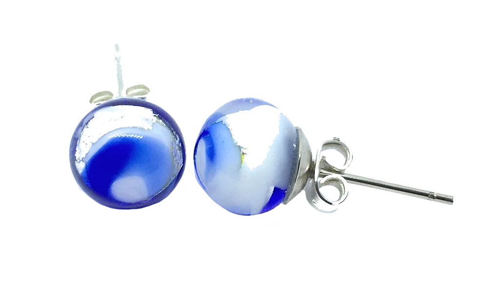 Introducing the Murano Glass Earrings - Dainty 8mm by Murano Passion, these exquisite accessories showcase glossy marbled round beads in shades of deep blue and soft white. Complemented by elegant silver-toned metal posts with butterfly backs, they add a touch of sophistication to this stunning piece of jewelry.