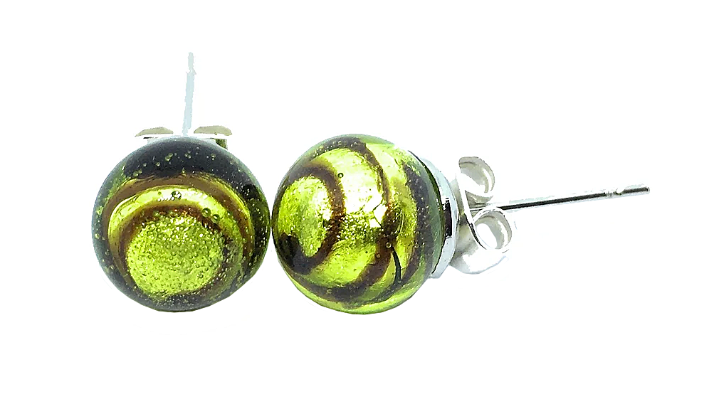 Two 8mm spherical earrings from Murano Passion display a metallic green and black swirl design on a white backdrop. These exquisite Murano Glass Earrings feature silver posts and butterfly backings, showcasing the remarkable craftsmanship of handmade Murano jewelry.