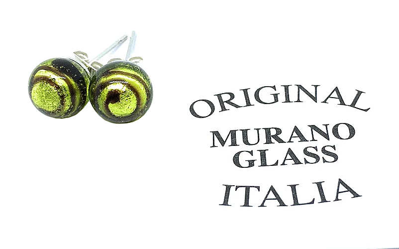 A close-up of green and brown swirl Murano Glass Earrings - 8mm Diameter by Murano Passion, accompanied by the text "Original Murano Glass Italia" on a white background.