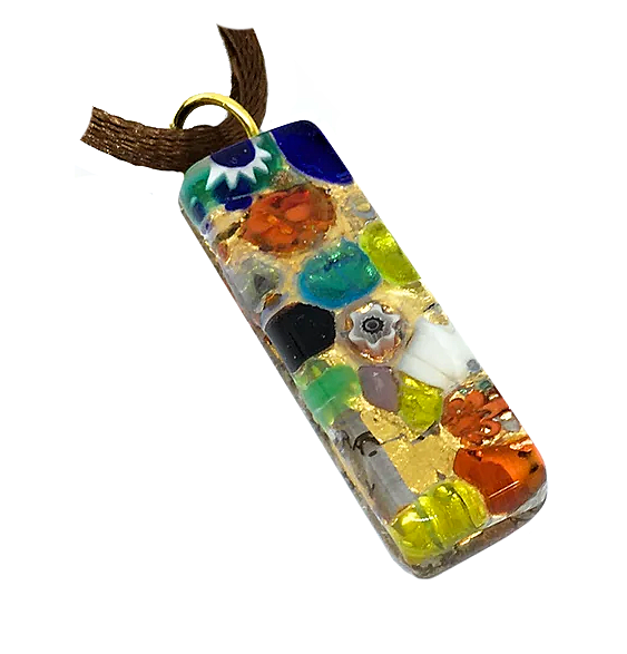 The Murano Passion Murano Glass Pendant, crafted with gold leaf and measuring 3cm x 1cm, features a captivating mix of colorful abstract designs encapsulated in clear resin. Adorned with vibrant blues, greens, yellows, and oranges, this exquisite piece is suspended from a brown cord and beautifully embodies the charm of Murano Glass Jewellery.