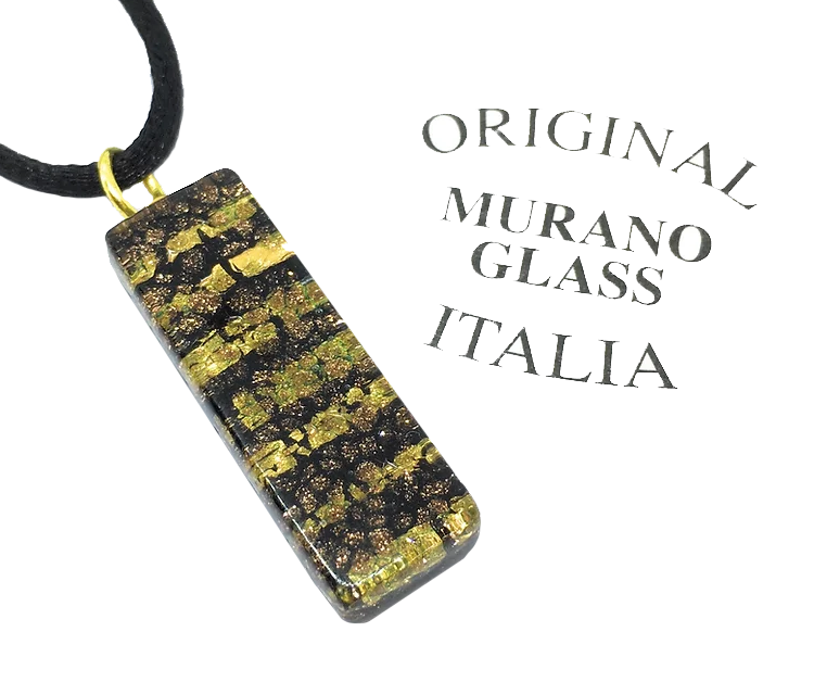 A rectangular Murano Glass Pendant by Murano Passion, measuring 3cm by 1cm, features elegant black and gold leaf patterns and is suspended from a black cord. Alongside it is the text "Original Murano Glass Italia," along with a Certificate of Authenticity, highlighting its exquisite craftsmanship.