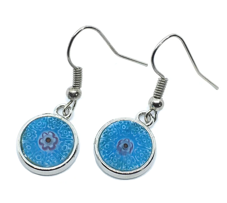 Murano Passion presents their handmade Murano Glass Earrings, featuring round blue millefiori beads with floral patterns encased in silver-tone metal settings and hooks, with a 1.2cm diameter. Crafted with care in Venice.