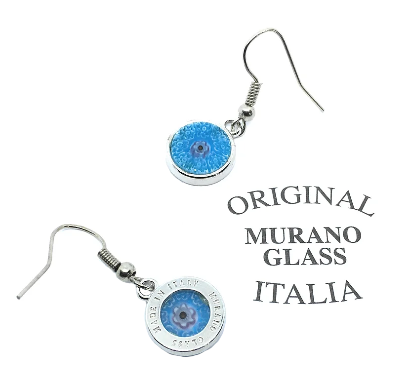 A pair of Murano Passion silver earrings featuring round, blue Millefiori glass pendants with intricate designs. The metal is engraved with "Made in Italy" and "Original Murano Glass." Nearby text states, "Handmade in Venice, Original Murano Glass Italia." Each earring has a diameter of 1.2 cm.