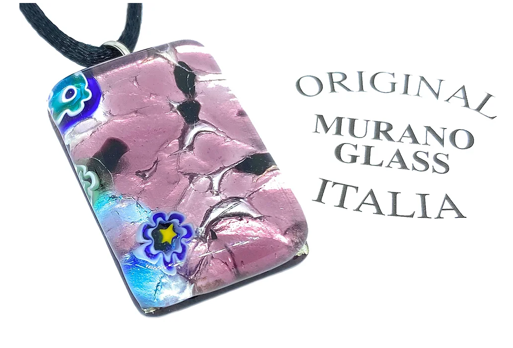 A rectangular Murano glass pendant featuring a pink design with blue and yellow floral patterns rests on a black cord. The text next to it reads "Murano Passion," and it comes with a Certificate of Authenticity.