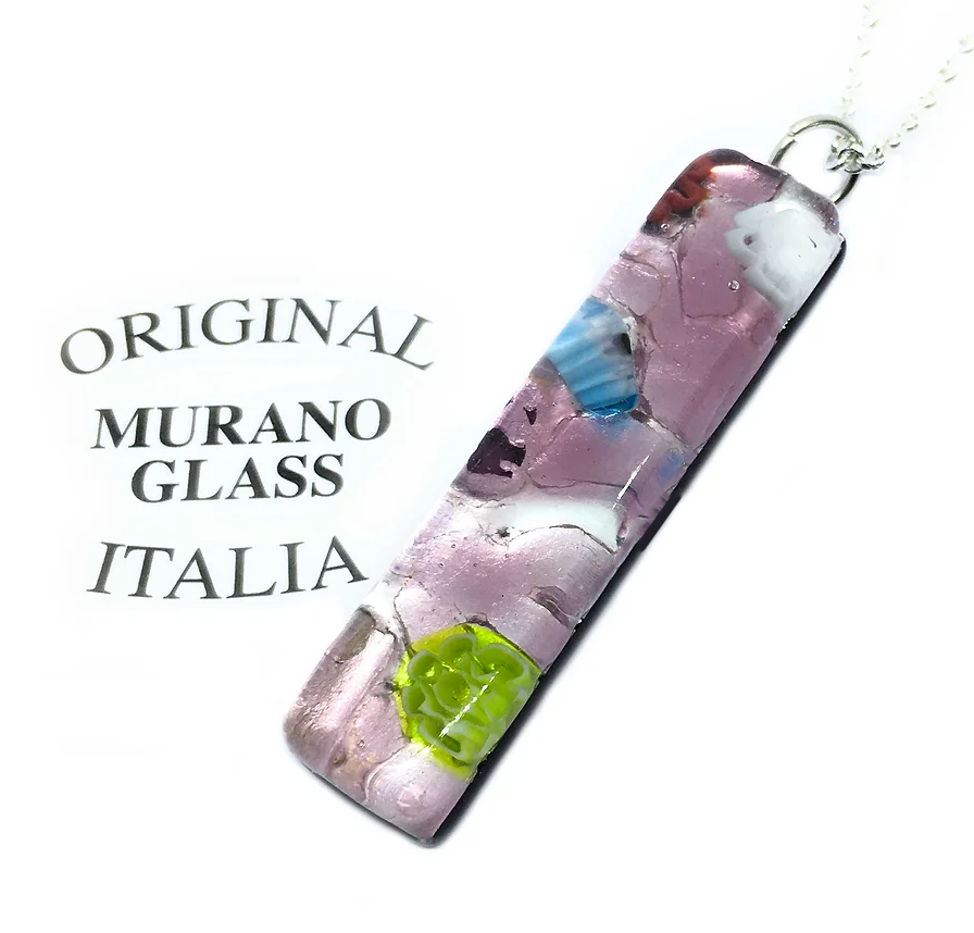 This stunning Murano Passion pendant features a rectangular design enhanced by vivid shades of pink, green, and blue. Hanging from an elegant silver chain, it captures the true spirit of Venetian jewelry. The background text reads "ORIGINAL MURANO GLASS ITALIA.