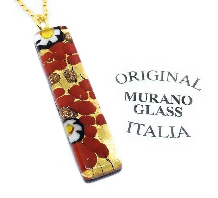 A Murano Passion rectangular pendant, measuring 4cm x 1cm, features red, white, and gold leaf patterns and hangs elegantly on a gold chain. Nearby text reads "Original Murano Glass Italia," accompanied by a Certificate of Authenticity.