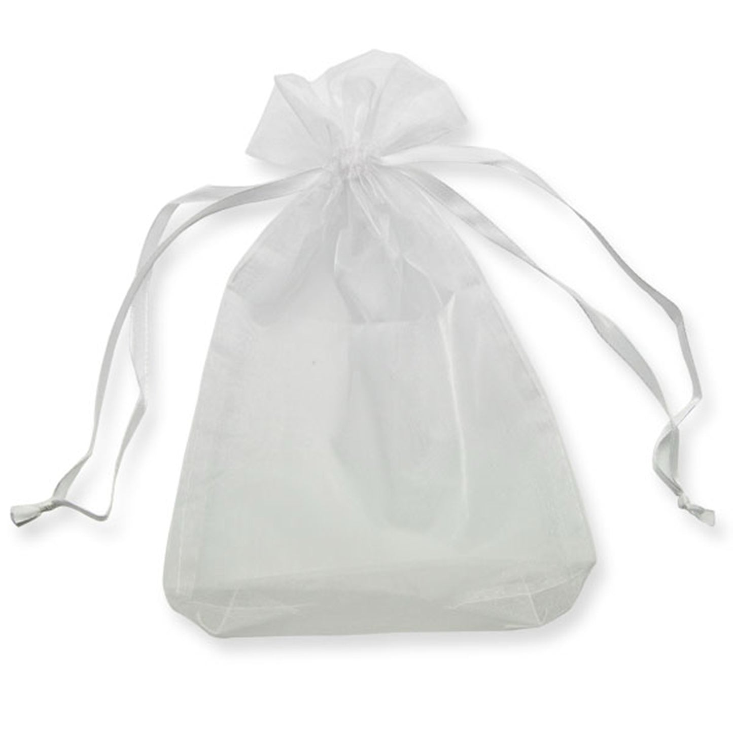 A sheer white organza drawstring bag with ribbon ties, empty and standing upright against a plain white background—perfect for presenting the Handmade Dichroic Glass Mosaic Pendant – Multicolour Fused Glass Statement Necklace (CGP84) from Calon Glass.
