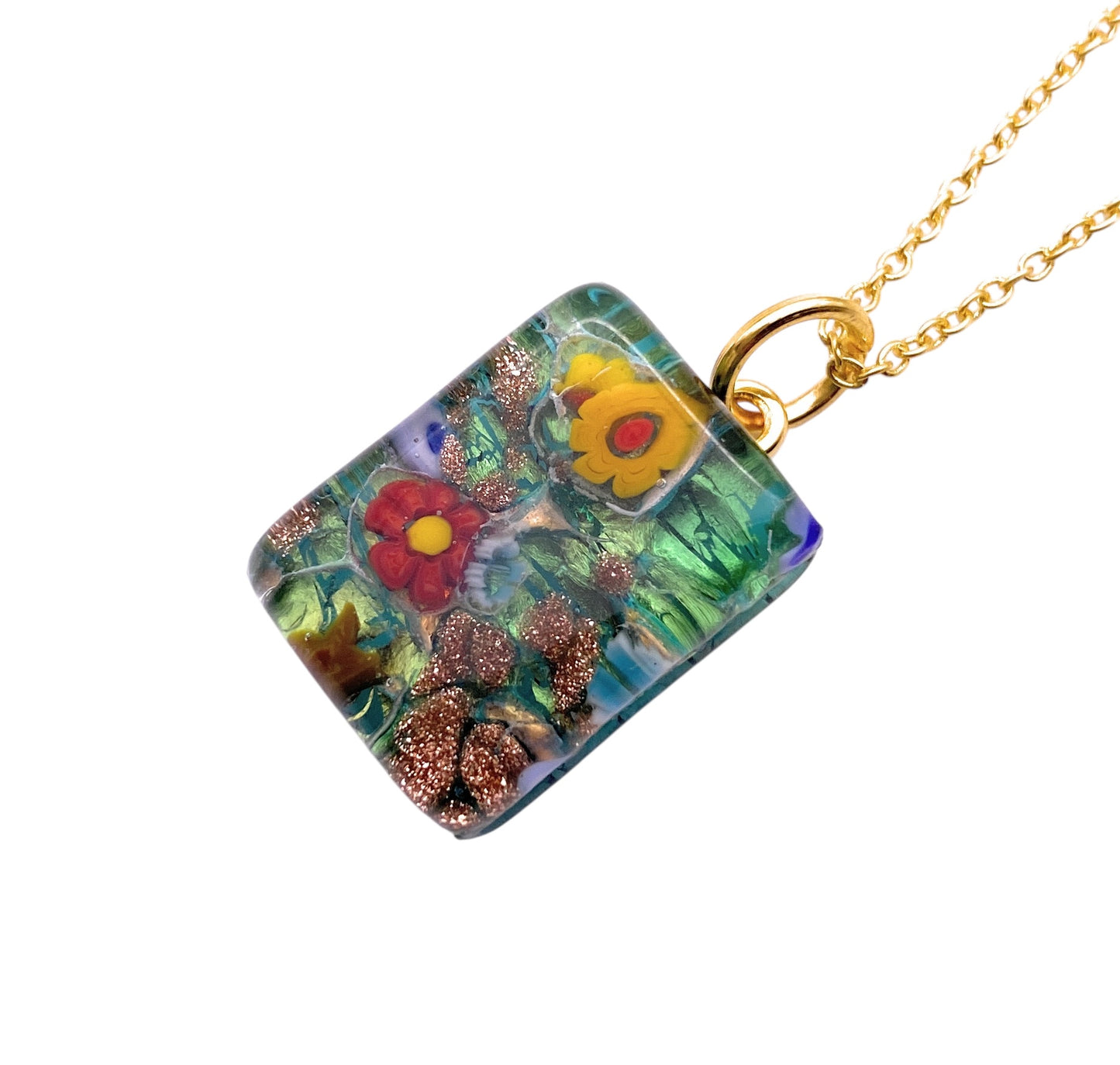 Murano Glass Pendant, Millefiori Flower Pendant on Gold Leaf - Dainty 2cm x 1.5cm (MGPP8)