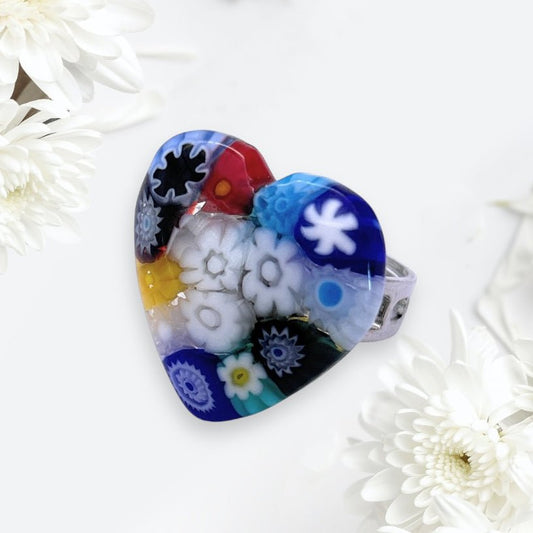Murano Glass Heart Ring, Millefiori Flower Ring, Millefiori Heart Ring - Calon Glass & Murano Passion - Murano Glass Ring