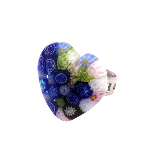 Calon Glass & Murano Passion - Chunky 2.3cm Heart Ring, multicolored Millefiori flower design - Murano Glass Heart Ring